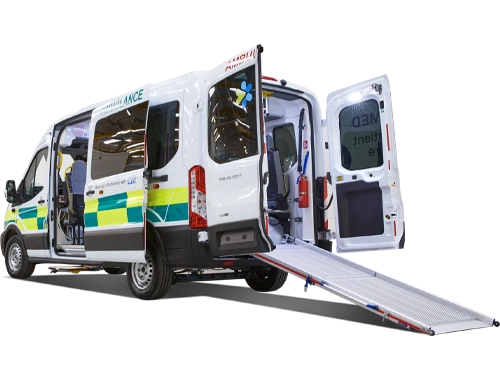 Patient Transport vehicle exterior with back and side doors open